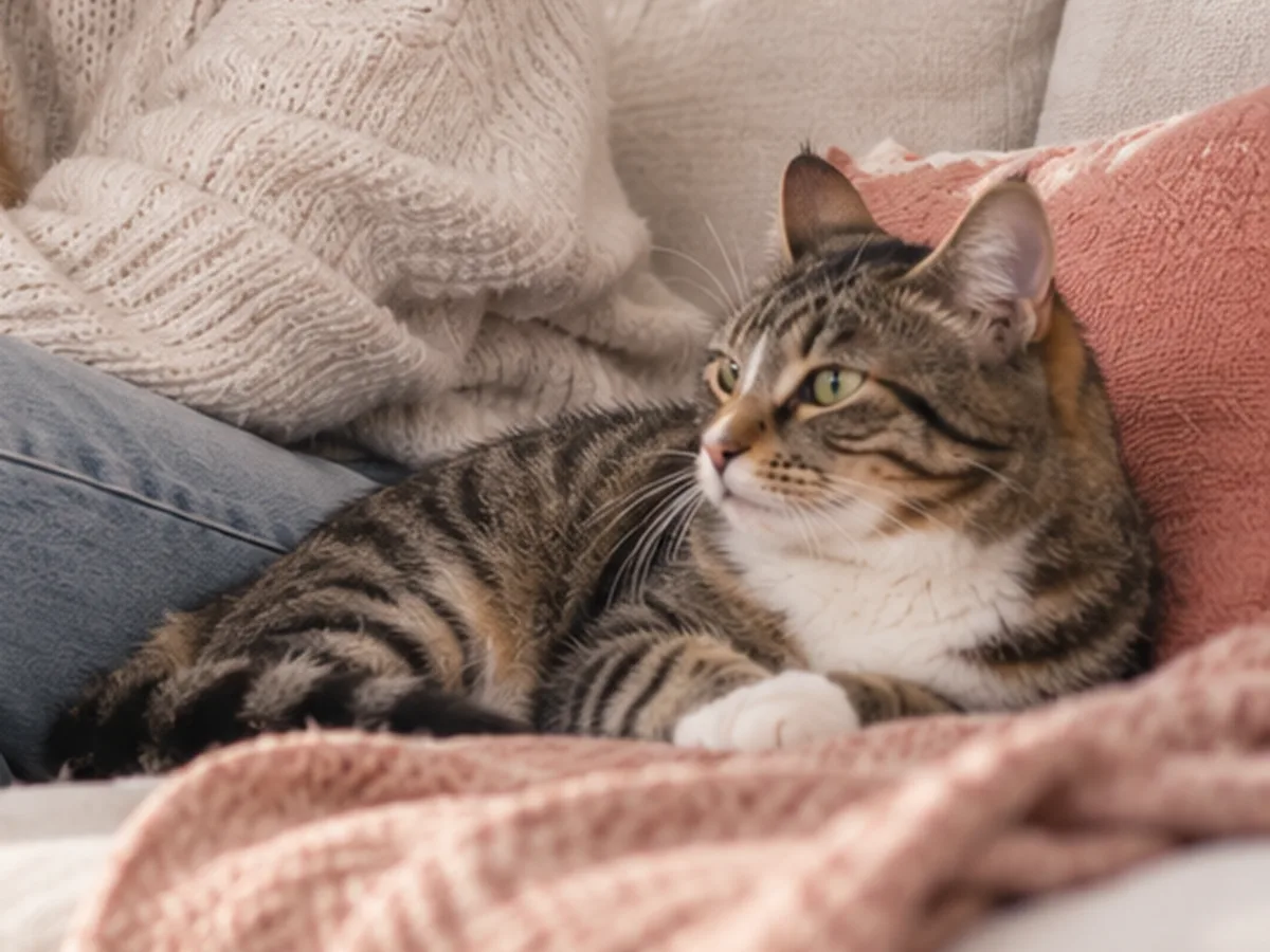 Tabby cat resting comfortably on a soft blanket