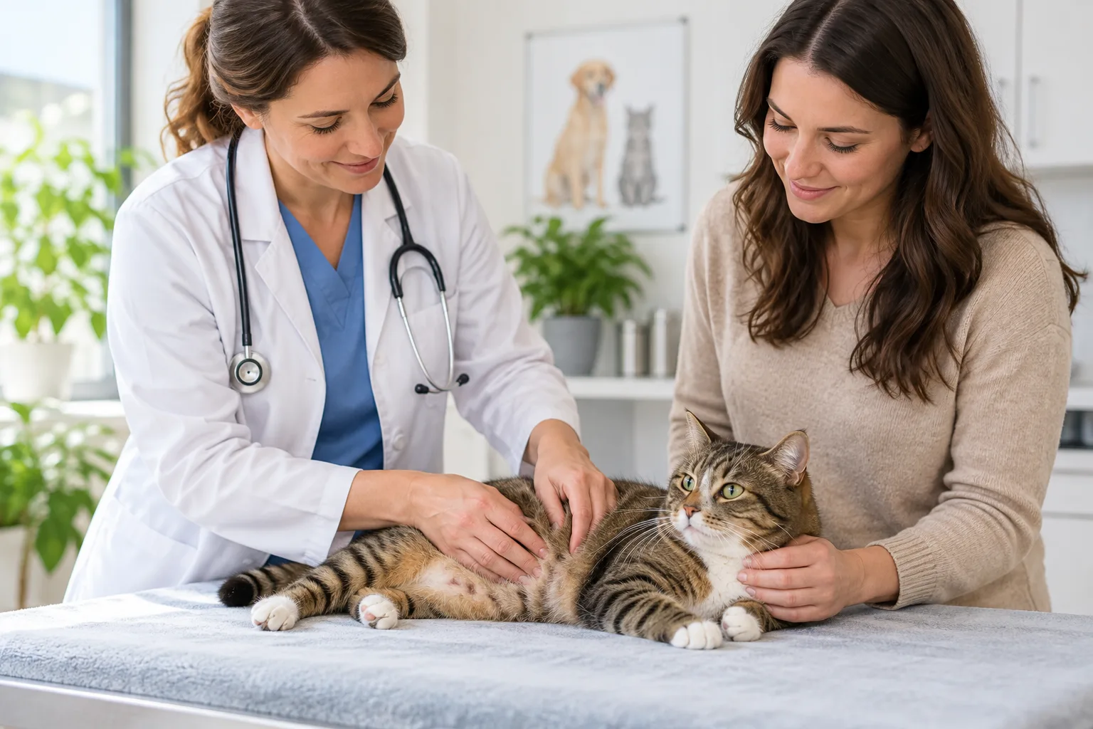 Veterinarian assessing a cat while its owner watches